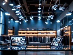 Moderne kledingwinkel met beveiligingscamera's aan plafond en bewakingsapparaat op glazen toonbank onder LED-verlichting