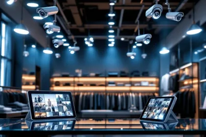 Moderne kledingwinkel met beveiligingscamera's aan plafond en bewakingsapparaat op glazen toonbank onder LED-verlichting