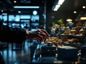 Schaduwachtige handen reiken naar waardevolle items in winkel met beveiligingscamera's en MIOS bewakingsapparatuur zichtbaar