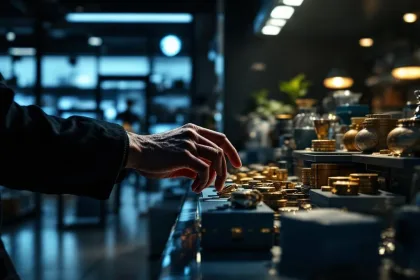 Schaduwachtige handen reiken naar waardevolle items in winkel met beveiligingscamera's en MIOS bewakingsapparatuur zichtbaar