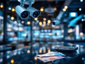 Moderne beveiligingscamera's aan plafond van winkel met rekenmachine en eurobiljetten op toonbank