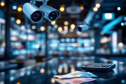 Moderne beveiligingscamera's aan plafond van winkel met rekenmachine en eurobiljetten op toonbank