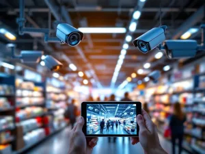 Moderne winkelbeveiliging met beveiligingscamera's aan muren en plafonds, tablet toont live camerabeelden