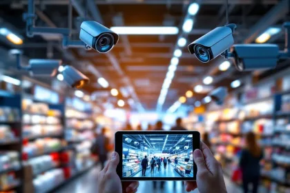 Moderne winkelbeveiliging met beveiligingscamera's aan muren en plafonds, tablet toont live camerabeelden