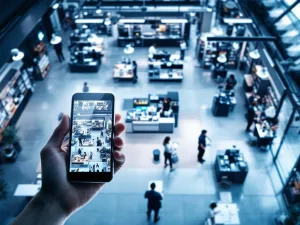 Mobiele telefoon toont beveiligingscamera feeds van moderne winkel met kassa's, productdisplays en discrete bewakingssysteem