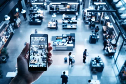 Mobiele telefoon toont beveiligingscamera feeds van moderne winkel met kassa's, productdisplays en discrete bewakingssysteem