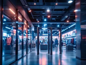 Moderne winkelbeveiliging met plafondcamera's, elektronische toegangspoorten en RFID-tags in retail interieur