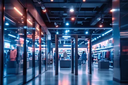 Moderne winkelbeveiliging met plafondcamera's, elektronische toegangspoorten en RFID-tags in retail interieur