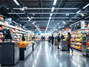 Supermarkt interieur met moderne beveiligingscamera's, sensoren en anti-diefstal technologie in gangpaden en bij kassa's