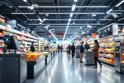 Supermarkt interieur met moderne beveiligingscamera's, sensoren en anti-diefstal technologie in gangpaden en bij kassa's