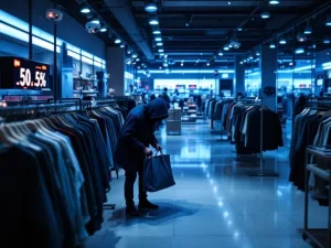 Beveiligingscamera toont verdachte persoon die merchandise in tas stopt in moderne winkel met bewakingsapparatuur