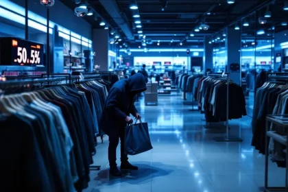 Beveiligingscamera toont verdachte persoon die merchandise in tas stopt in moderne winkel met bewakingsapparatuur