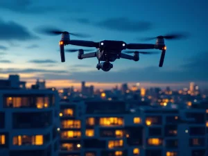 Zwarte surveillance drone met camera boven verlichte kantoorgebouwen bij schemering, moderne beveiliging technologie