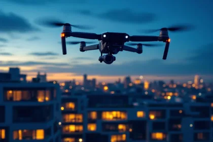 Zwarte surveillance drone met camera boven verlichte kantoorgebouwen bij schemering, moderne beveiliging technologie