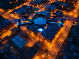 Moderne surveillancedrone met LED-verlichting zweeft boven beveiligde industriële faciliteit bij schemering