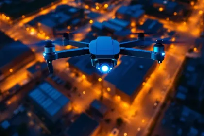 Moderne surveillancedrone met LED-verlichting zweeft boven beveiligde industriële faciliteit bij schemering