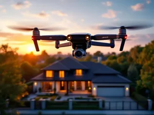 Zwarte bewakingsdrone met camera zweeft boven modern huis met tuin tijdens gouden uur zonsondergang