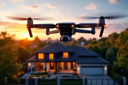 Zwarte bewakingsdrone met camera zweeft boven modern huis met tuin tijdens gouden uur zonsondergang