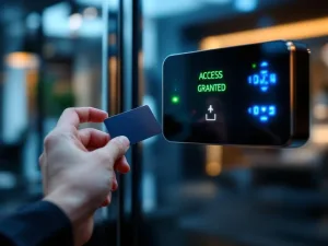 Keycard bij elektronisch toegangspaneel op glazen kantoordeur met "ACCESS GRANTED" display en blauwe LED-indicatoren