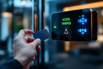 Keycard bij elektronisch toegangspaneel op glazen kantoordeur met 