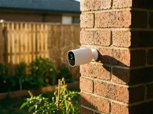 Witte draadloze beveiligingscamera gemonteerd op bakstenen muur, gericht op achtertuin met houten hek en tuin