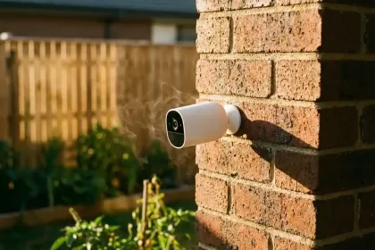 Witte draadloze beveiligingscamera gemonteerd op bakstenen muur, gericht op achtertuin met houten hek en tuin