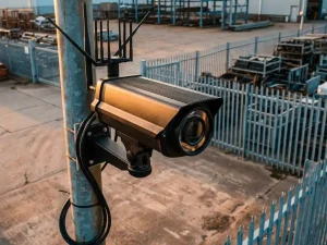 Zwarte 5G beveiligingscamera op metalen paal in industriële omgeving met hekwerk tijdens gouden uur