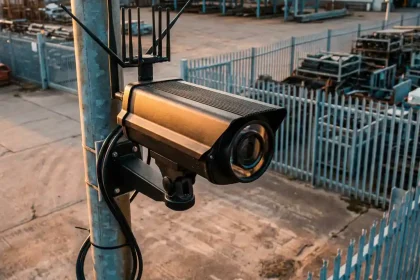 Zwarte 5G beveiligingscamera op metalen paal in industriële omgeving met hekwerk tijdens gouden uur