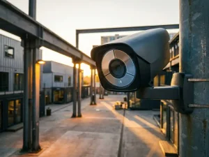 AI beveiligingscamera met drievoudige detectiezones gemonteerd op metalen paal boven moderne industriële binnenplaats