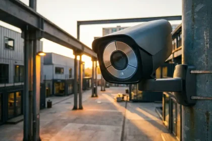 AI beveiligingscamera met drievoudige detectiezones gemonteerd op metalen paal boven moderne industriële binnenplaats