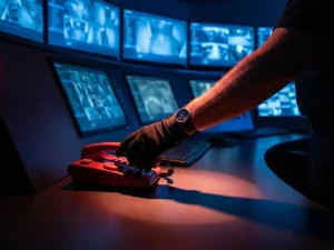 Beveiligingsoperator grijpt naar rode noodtelefoon in moderne controlekamer met bewakingsschermen op achtergrond