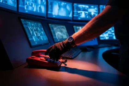 Beveiligingsoperator grijpt naar rode noodtelefoon in moderne controlekamer met bewakingsschermen op achtergrond