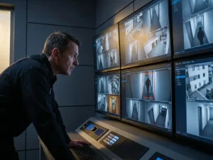 Beveiligingsmedewerker controleert verdachte persoon op bewakingscamera's in moderne controlekamer met meerdere monitors
