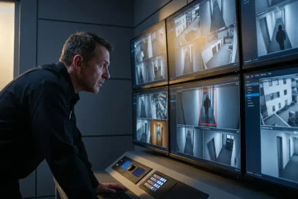 Beveiligingsmedewerker controleert verdachte persoon op bewakingscamera's in moderne controlekamer met meerdere monitors