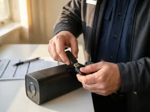 Beveiligingsbeambte draagt bewakingsbeelden over van mobiele camera naar politie USB-stick op wit bureau