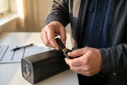 Beveiligingsbeambte draagt bewakingsbeelden over van mobiele camera naar politie USB-stick op wit bureau