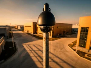 Zwarte 360-graden beveiligingscamera op hoge paal bewaakt moderne industriële faciliteit tijdens gouden uur