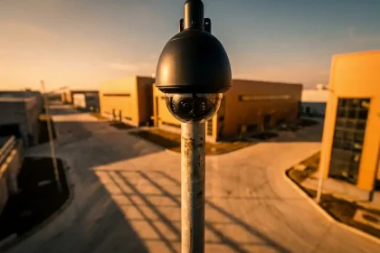 Zwarte 360-graden beveiligingscamera op hoge paal bewaakt moderne industriële faciliteit tijdens gouden uur