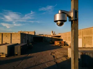 360-graden beveiligingscamera op hoge paal bewaakt industrieel binnenplein tijdens gouden uur, schaduwen tussen gebouwen verdwijnen onder camerabereik