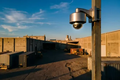 360-graden beveiligingscamera op hoge paal bewaakt industrieel binnenplein tijdens gouden uur, schaduwen tussen gebouwen verdwijnen onder camerabereik