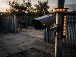 Beveiligingscamera op mobiele paal met AI-detectie onderscheidt echte indringer van bewegende takken in industriële buitenomgeving