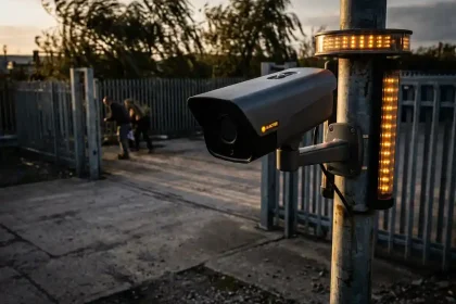 Beveiligingscamera op mobiele paal met AI-detectie onderscheidt echte indringer van bewegende takken in industriële buitenomgeving