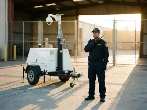 Beveiligingsbeambte in donker uniform naast witte mobiele beveiligingscamera op telescoopstang in industriële binnenplaats