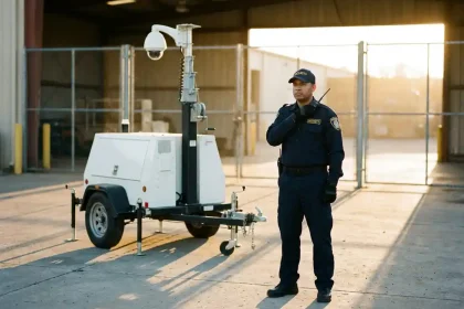 Beveiligingsbeambte in donker uniform naast witte mobiele beveiligingscamera op telescoopstang in industriële binnenplaats