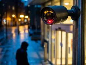 Zwarte beveiligingscamera met rode LED detecteert beweging van figuur bij glazen gebouwingang 's nachts