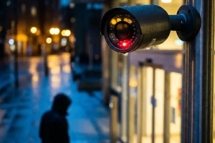 Zwarte beveiligingscamera met rode LED detecteert beweging van figuur bij glazen gebouwingang 's nachts