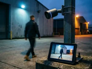 Beveiligingscamera's op metalen paal in industriële omgeving met tablet die heldere beelden toont