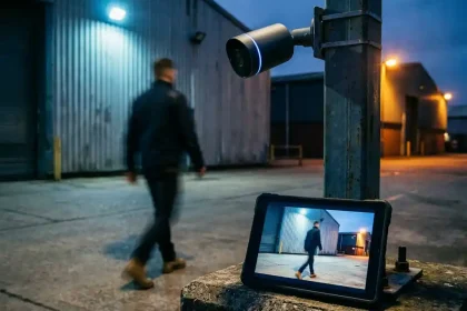 Beveiligingscamera's op metalen paal in industriële omgeving met tablet die heldere beelden toont