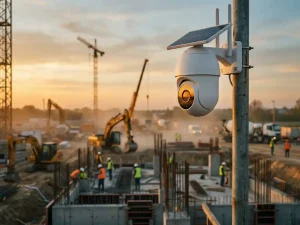 Witte beveiligingscamera op paal overloopt actieve bouwplaats met betonnen funderingen en staalconstructie