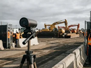 Zwarte beveiligingscamera op statief bewaakt bouwplaats ingang met zichtbare rode opnamelamp